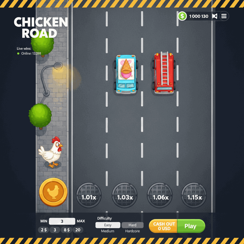 Schermata di gioco Chicken Road di InOut che mostra una gallina bianca pronta ad attraversare una strada asfaltata a più corsie con moltiplicatori visibili su tombini circolari, interfaccia con indicatore saldo in alto a destra, pulsanti di puntata e controlli di gioco nella parte inferiore, alberi verdi e lampione urbano sul marciapiede di partenza a sinistra